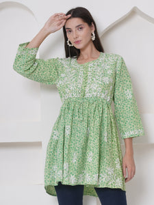 Green Cotton Chikankari Short Top For Women