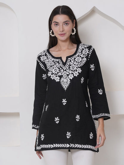 Black Cotton Chikankari Short Top For Women