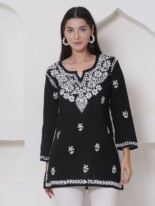 Black Cotton Chikankari Short Top For Women