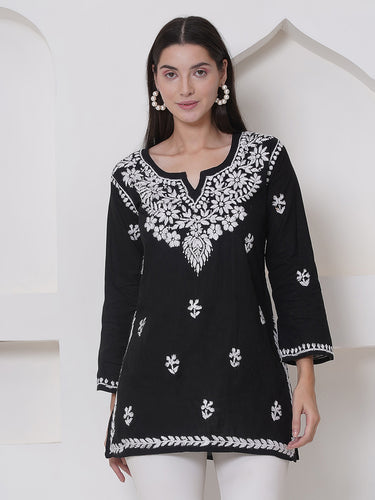 Black Cotton Chikankari Short Top For Women