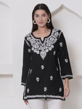 Black Cotton Chikankari Short Top For Women