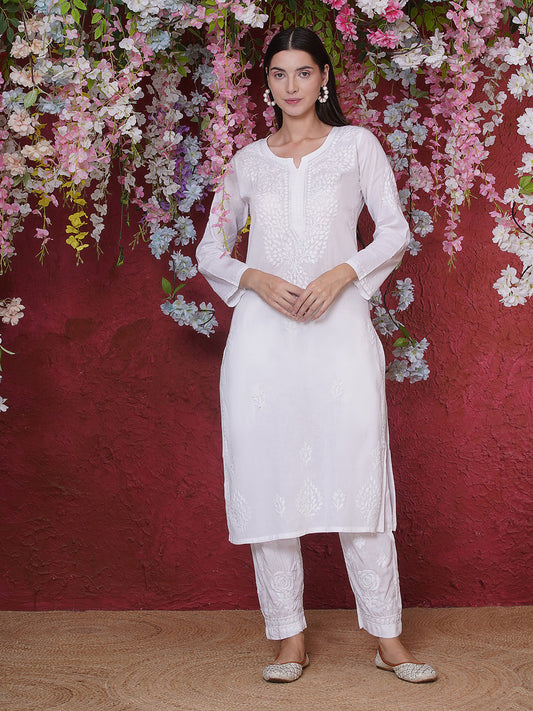 White Cotton Chikankari Kurti For Women