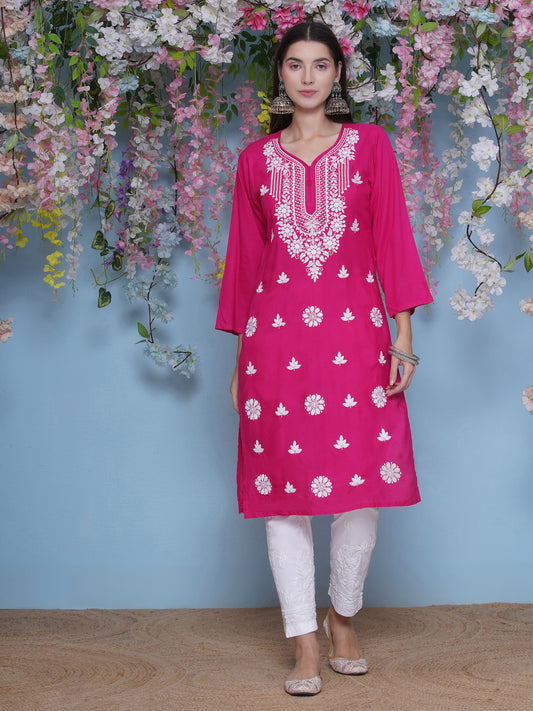 Dark Pink Cotton Chikankari Kurti For Women