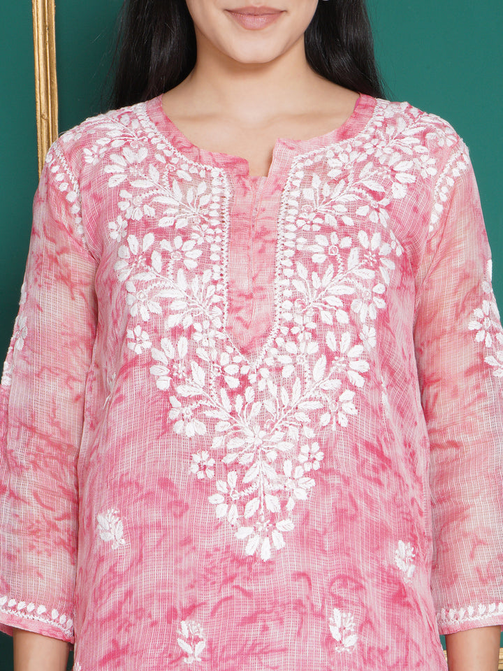 Combo Baby Pink Kota Doria Chikankari Kurti For Women and Chikankari Pant By Saahiba | 70% OFF Today