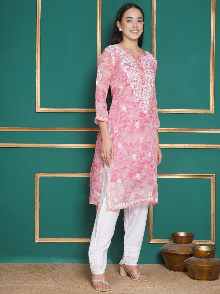 Combo Baby Pink Kota Doria Chikankari Kurti For Women and Chikankari Pant By Saahiba | 70% OFF Today