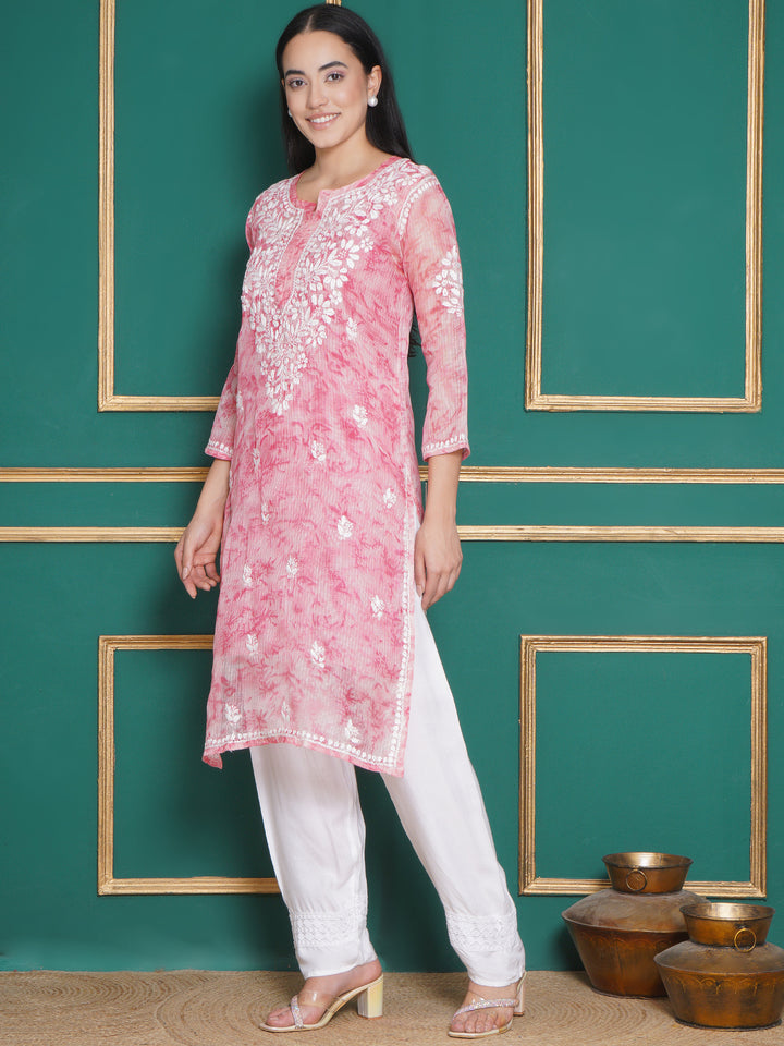 Combo Baby Pink Kota Doria Chikankari Kurti For Women and Chikankari Pant By Saahiba | 70% OFF Today