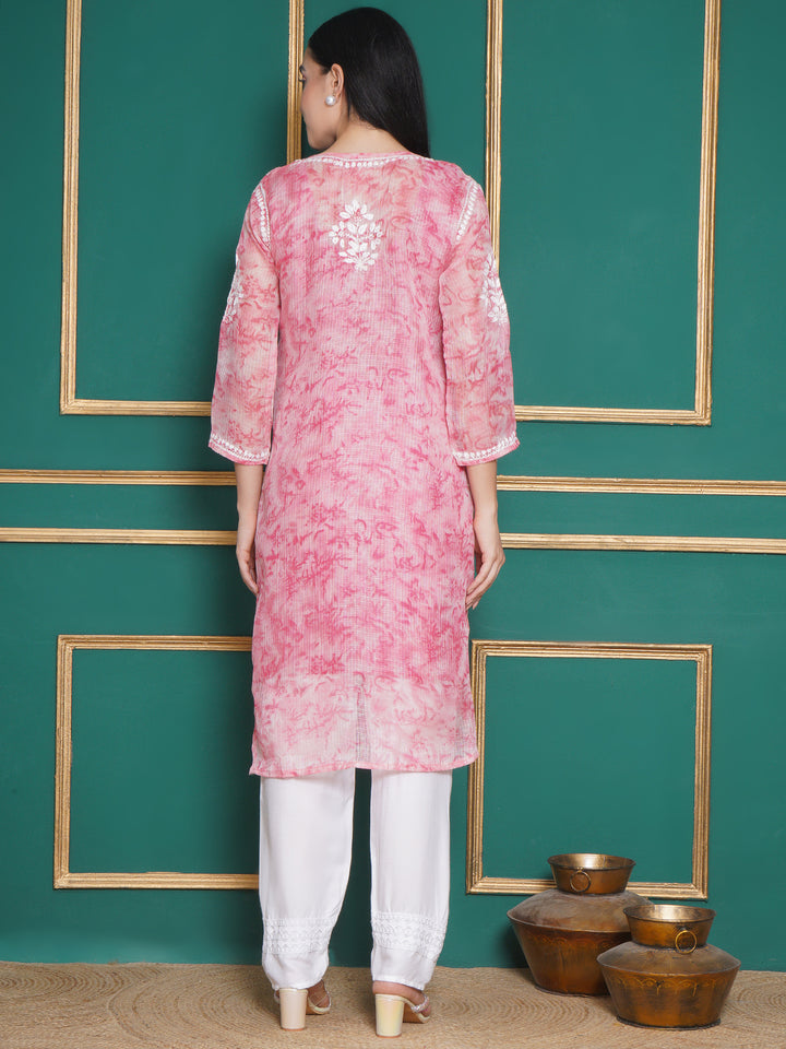 Combo Baby Pink Kota Doria Chikankari Kurti For Women and Chikankari Pant By Saahiba | 70% OFF Today