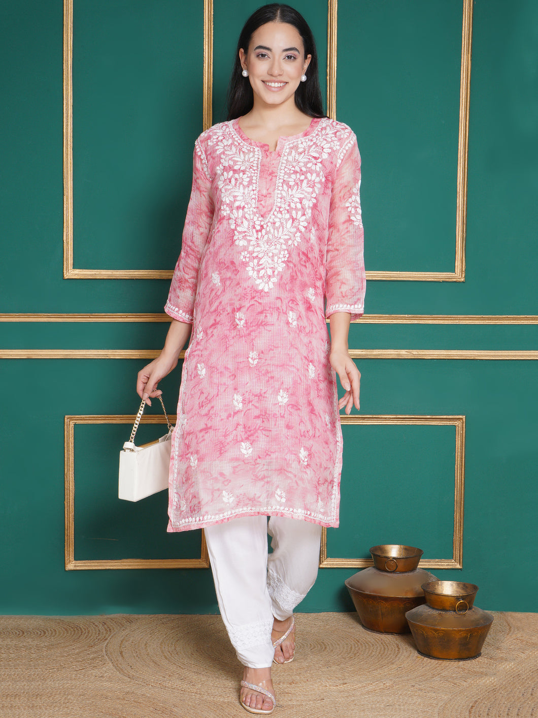 Combo Baby Pink Kota Doria Chikankari Kurti For Women and Chikankari Pant By Saahiba | 70% OFF Today