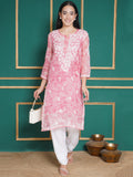 Combo Baby Pink Kota Doria Chikankari Kurti For Women and Chikankari Pant By Saahiba | 70% OFF Today