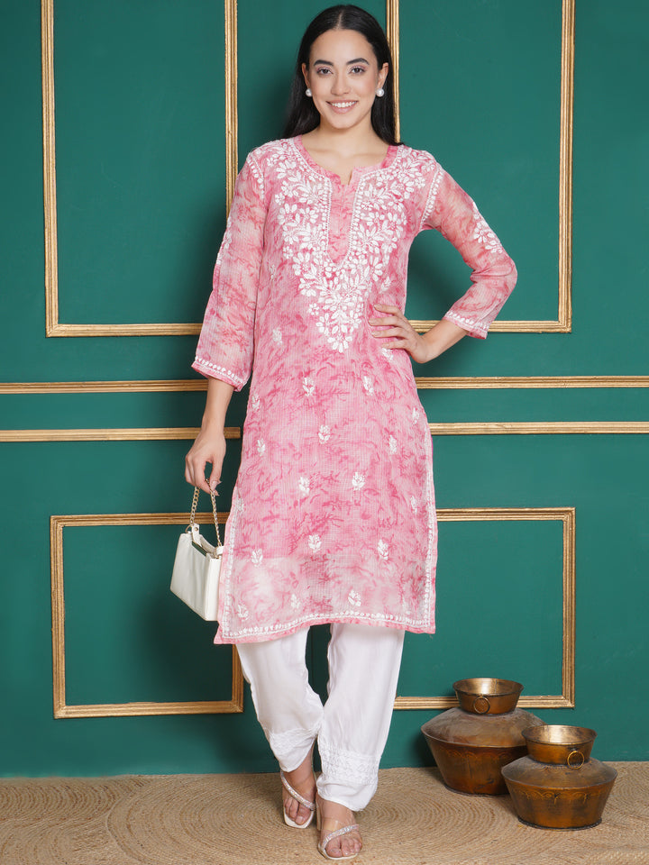 Combo Baby Pink Kota Doria Chikankari Kurti For Women and Chikankari Pant By Saahiba | 70% OFF Today