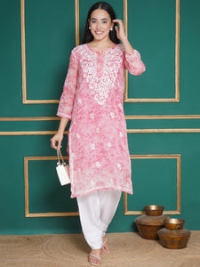 Combo Baby Pink Kota Doria Chikankari Kurti For Women and Chikankari Pant By Saahiba | 70% OFF Today
