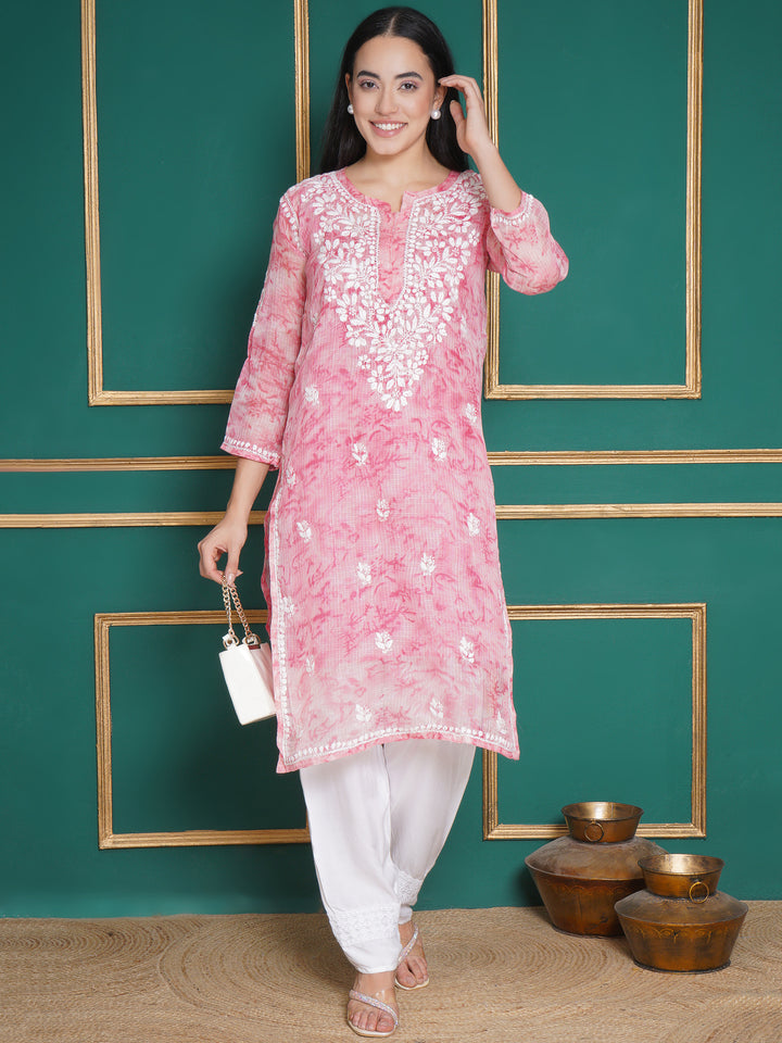 Combo Baby Pink Kota Doria Chikankari Kurti For Women and Chikankari Pant By Saahiba | 70% OFF Today