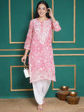 Combo Baby Pink Kota Doria Chikankari Kurti For Women and Chikankari Pant By Saahiba | 70% OFF Today