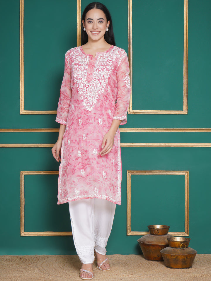 Combo Baby Pink Kota Doria Chikankari Kurti For Women and Chikankari Pant By Saahiba | 70% OFF Today