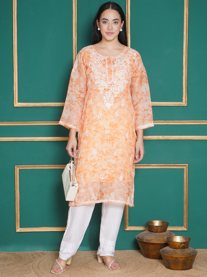 Combo Orange Kota Doria Chikankari Kurti For Women and Chikankari Pant By Saahiba | 70% OFF Today