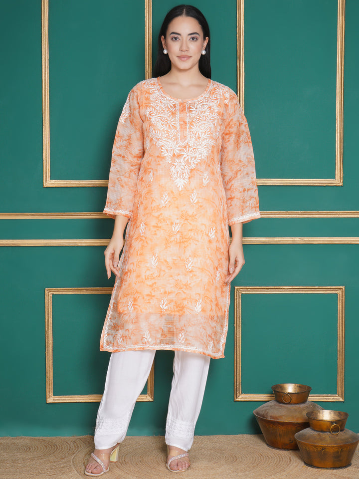 Combo Orange Kota Doria Chikankari Kurti For Women and Chikankari Pant By Saahiba | 70% OFF Today