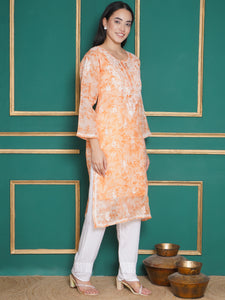 Combo Orange Kota Doria Chikankari Kurti For Women and Chikankari Pant By Saahiba | 70% OFF Today