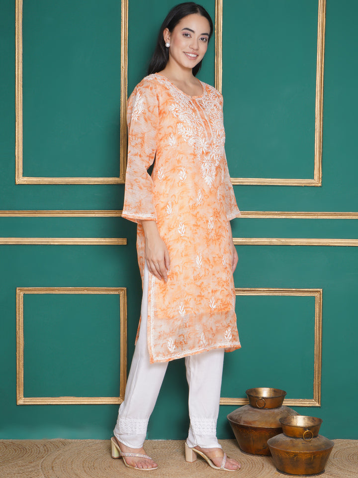Combo Orange Kota Doria Chikankari Kurti For Women and Chikankari Pant By Saahiba | 70% OFF Today