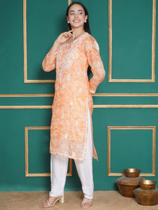 Combo Orange Kota Doria Chikankari Kurti For Women and Chikankari Pant By Saahiba | 70% OFF Today