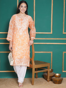 Combo Orange Kota Doria Chikankari Kurti For Women and Chikankari Pant By Saahiba | 70% OFF Today