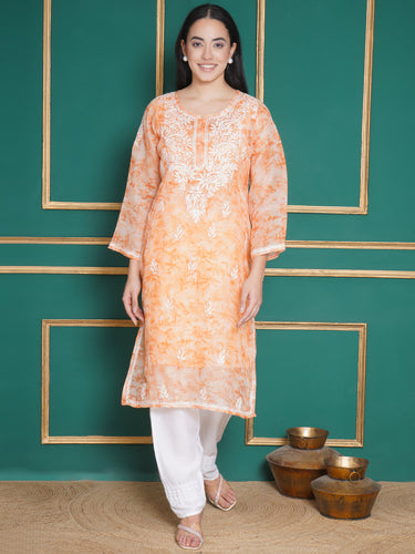 Combo Orange Kota Doria Chikankari Kurti For Women and Chikankari Pant By Saahiba | 70% OFF Today