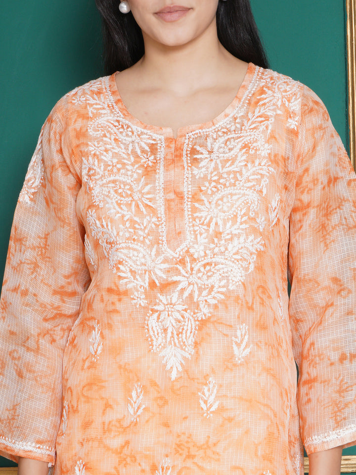 Combo Orange Kota Doria Chikankari Kurti For Women and Chikankari Pant By Saahiba | 70% OFF Today