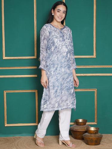 Combo Sky Blue Kota Doria Chikankari Kurti For Women and Chikankari Pant By Saahiba | 70% OFF Today