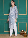 Combo Sky Blue Kota Doria Chikankari Kurti For Women and Chikankari Pant By Saahiba | 70% OFF Today