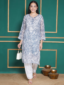 Combo Sky Blue Kota Doria Chikankari Kurti For Women and Chikankari Pant By Saahiba | 70% OFF Today