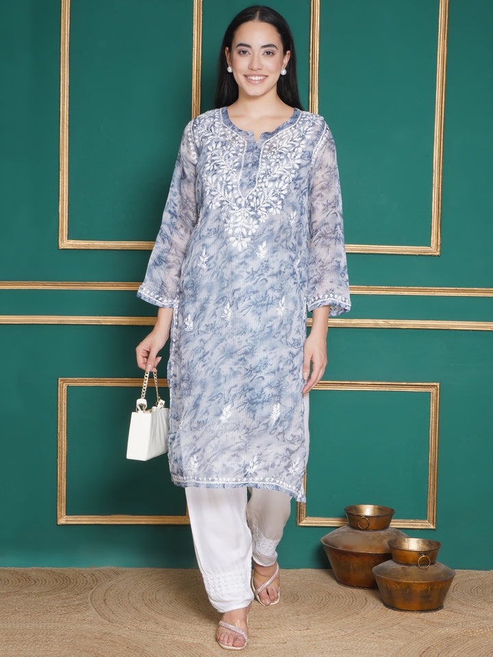 Combo Sky Blue Kota Doria Chikankari Kurti For Women and Chikankari Pant By Saahiba | 70% OFF Today