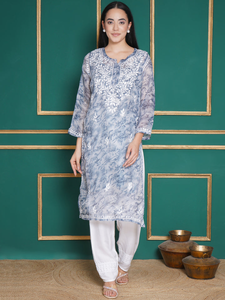 Combo Sky Blue Kota Doria Chikankari Kurti For Women and Chikankari Pant By Saahiba | 70% OFF Today