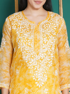 Combo Yellow Kota Doria Chikankari Kurti For Women and Chikankari Pant By Saahiba | 70% OFF Today