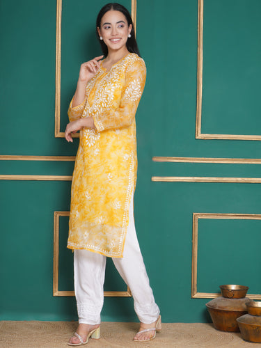 Combo Yellow Kota Doria Chikankari Kurti For Women and Chikankari Pant By Saahiba | 70% OFF Today