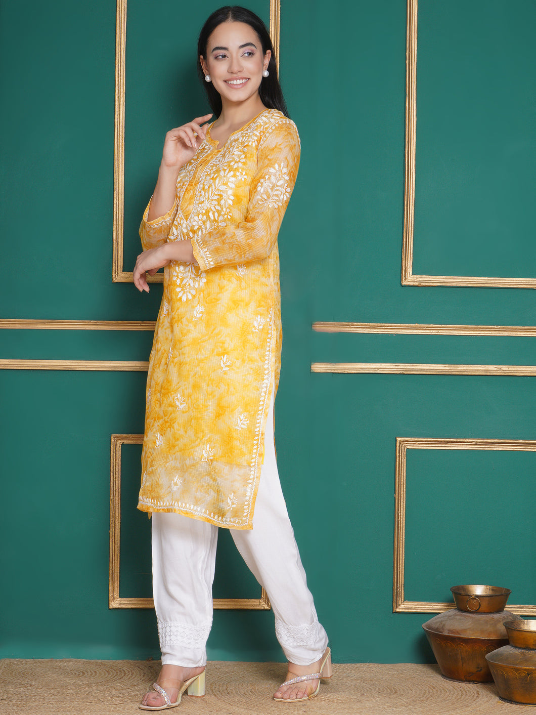 Combo Yellow Kota Doria Chikankari Kurti For Women and Chikankari Pant By Saahiba | 70% OFF Today