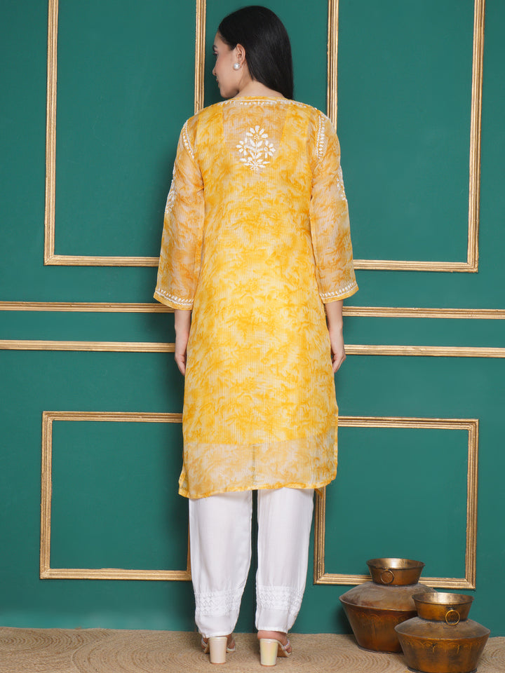 Combo Yellow Kota Doria Chikankari Kurti For Women and Chikankari Pant By Saahiba | 70% OFF Today