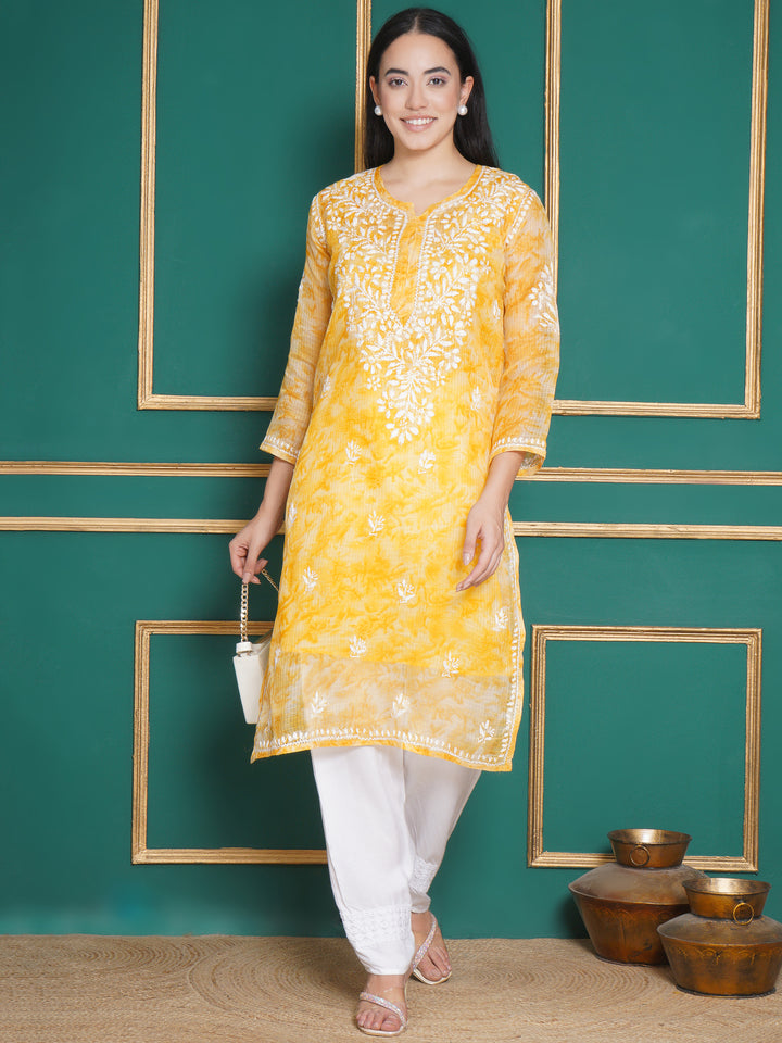 Combo Yellow Kota Doria Chikankari Kurti For Women and Chikankari Pant By Saahiba | 70% OFF Today