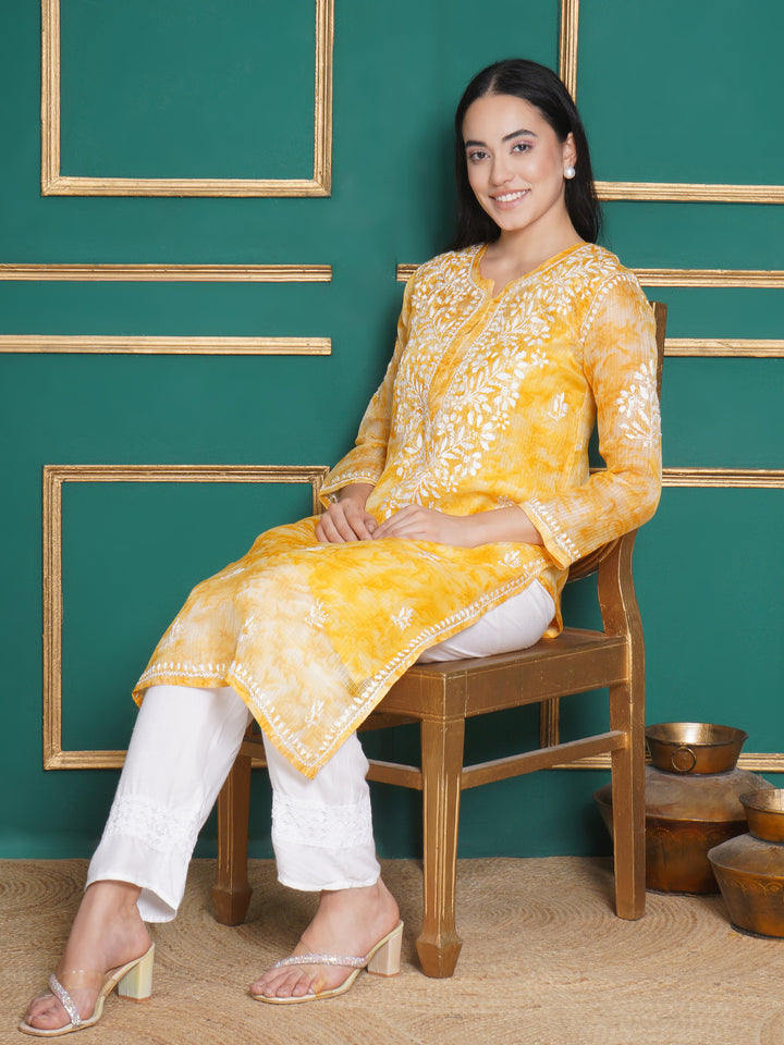 Combo Yellow Kota Doria Chikankari Kurti For Women and Chikankari Pant By Saahiba | 70% OFF Today