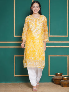 Combo Yellow Kota Doria Chikankari Kurti For Women and Chikankari Pant By Saahiba | 70% OFF Today