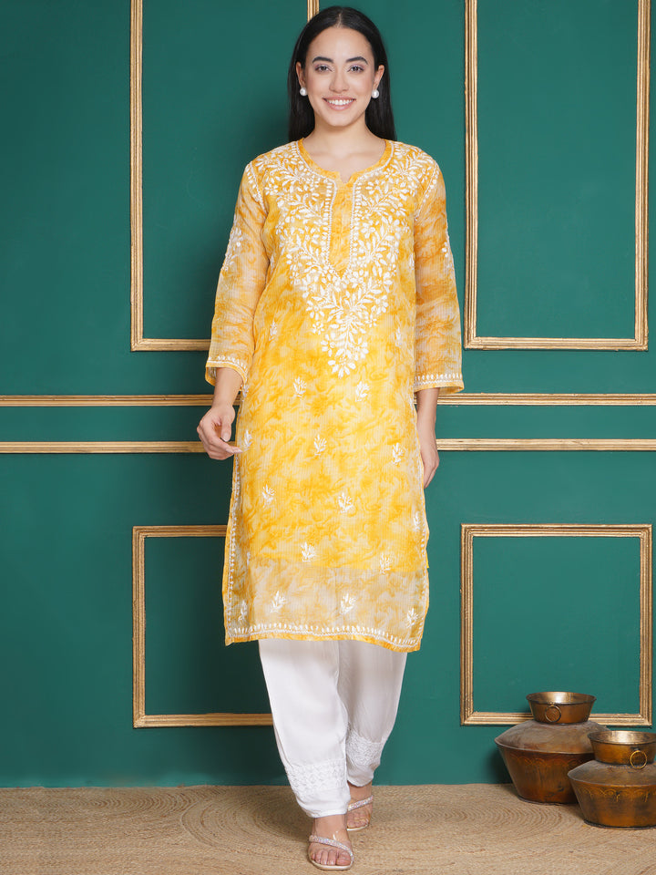 Combo Yellow Kota Doria Chikankari Kurti For Women and Chikankari Pant By Saahiba | 70% OFF Today
