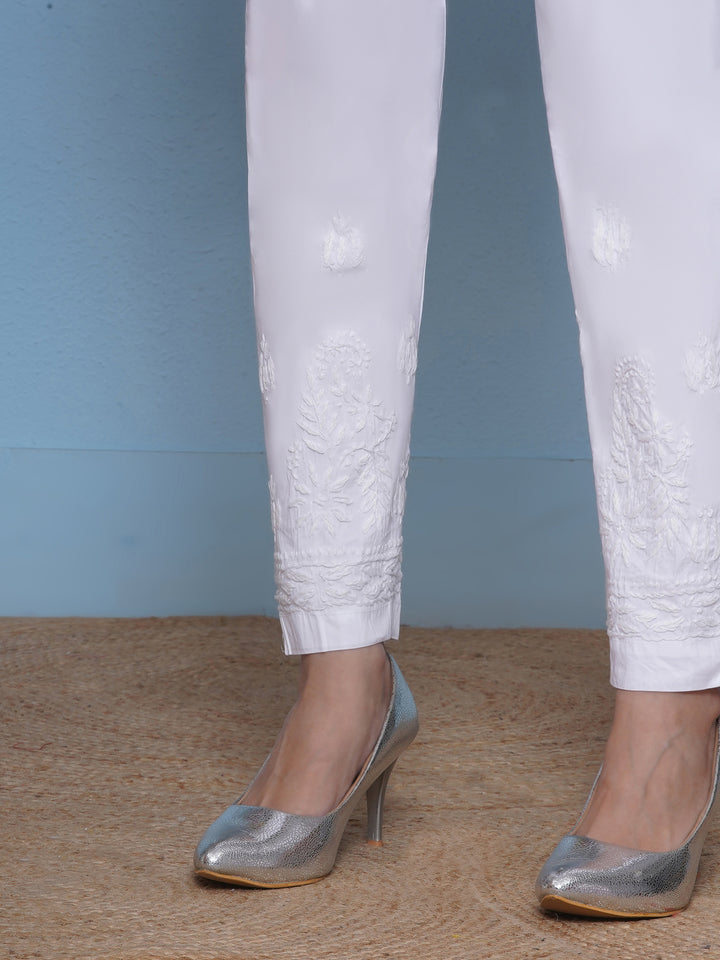 White Cotton Chikankari Pant For Women