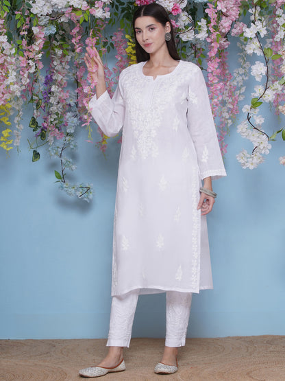 White Cotton Chikankari Kurti For Women
