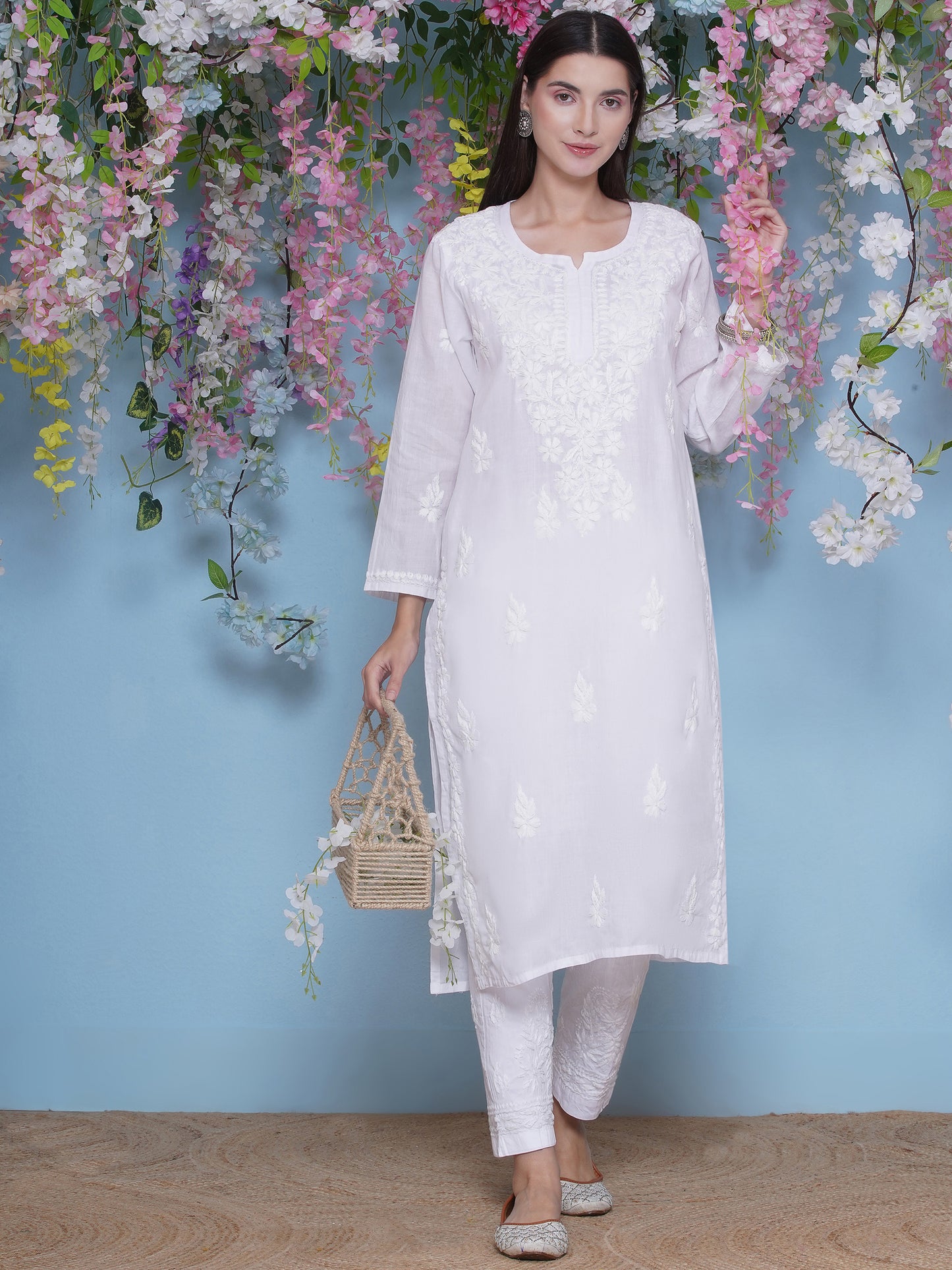 White Cotton Chikankari Kurti For Women
