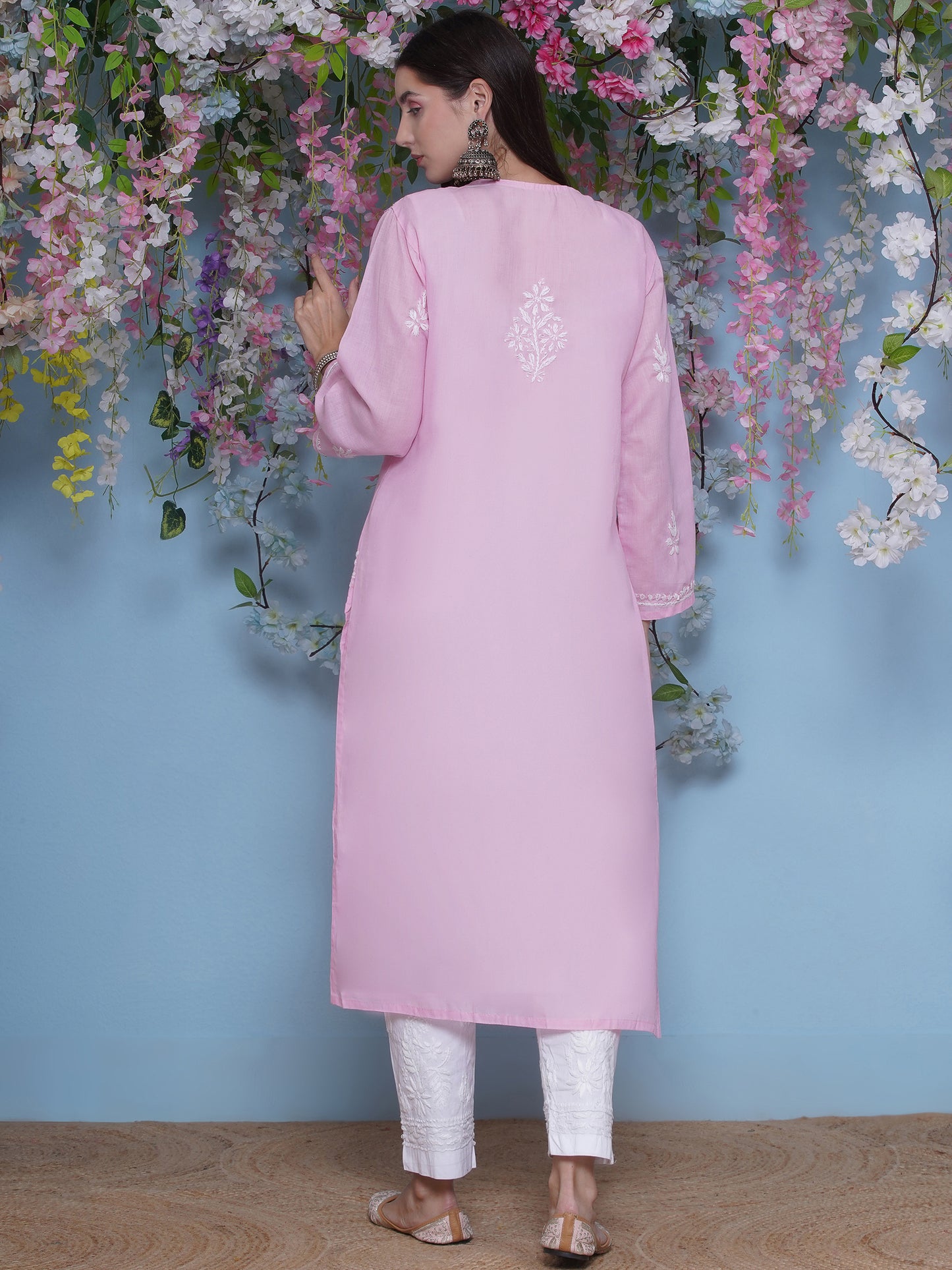 Pink Cotton Chikankari Kurti For Women