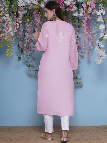 Pink Cotton Chikankari Kurti For Women