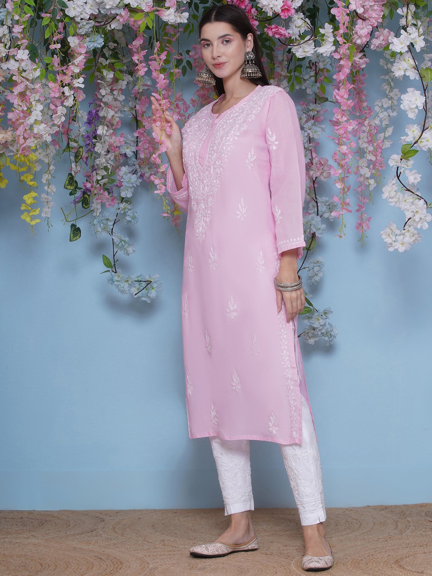 Pink Cotton Chikankari Kurti For Women