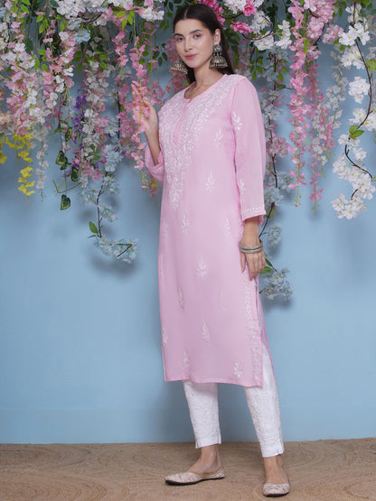 Pink Cotton Chikankari Kurti For Women