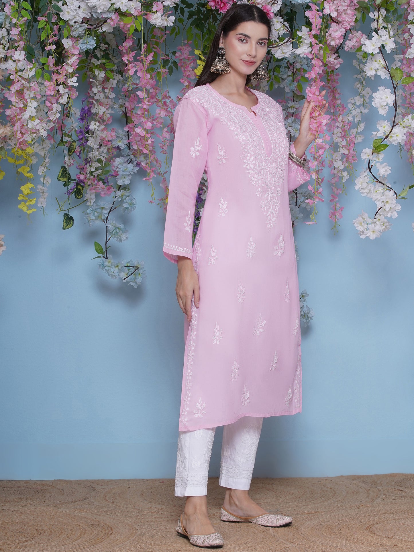Pink Cotton Chikankari Kurti For Women