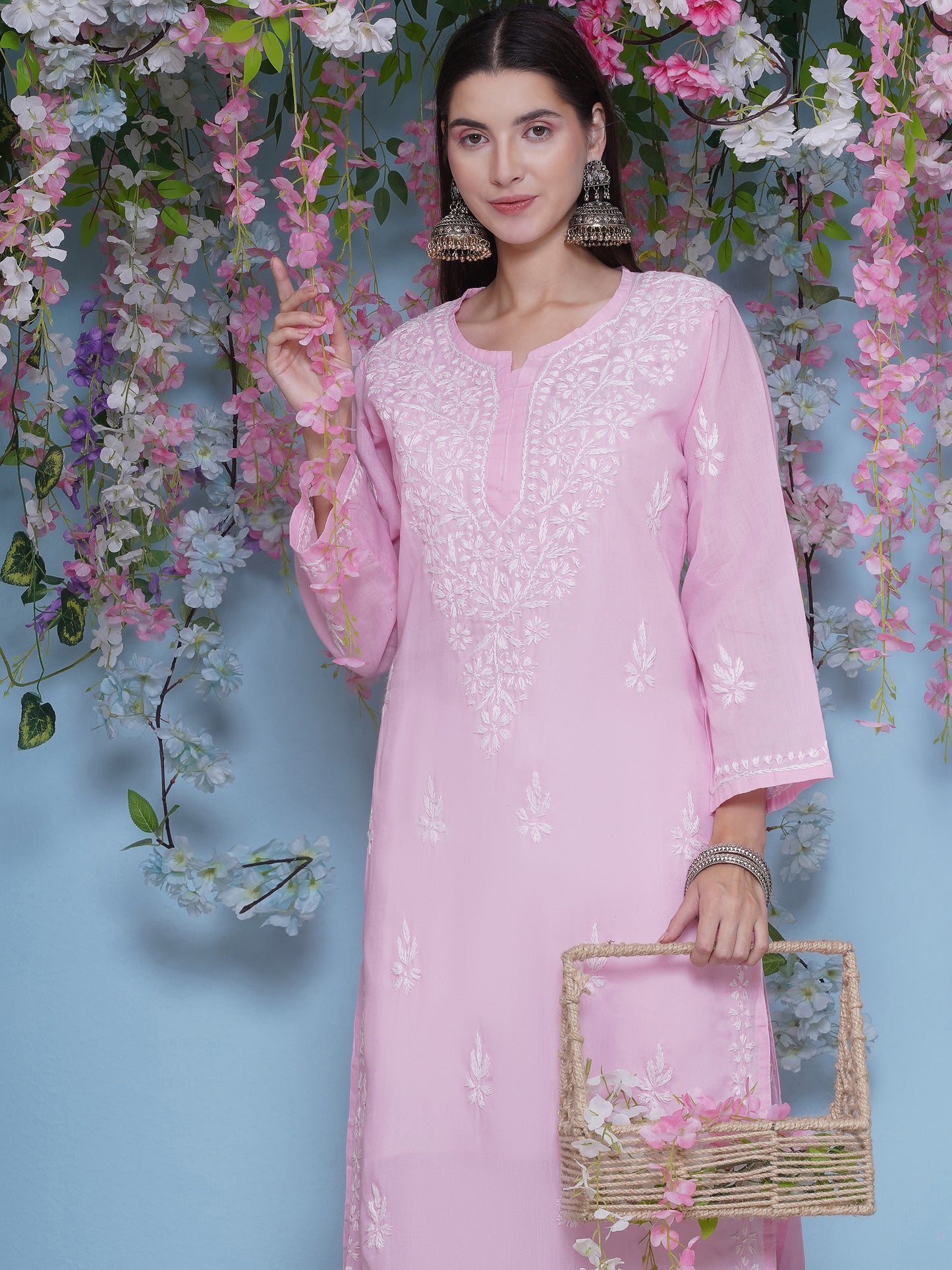 Pink Cotton Chikankari Kurti For Women