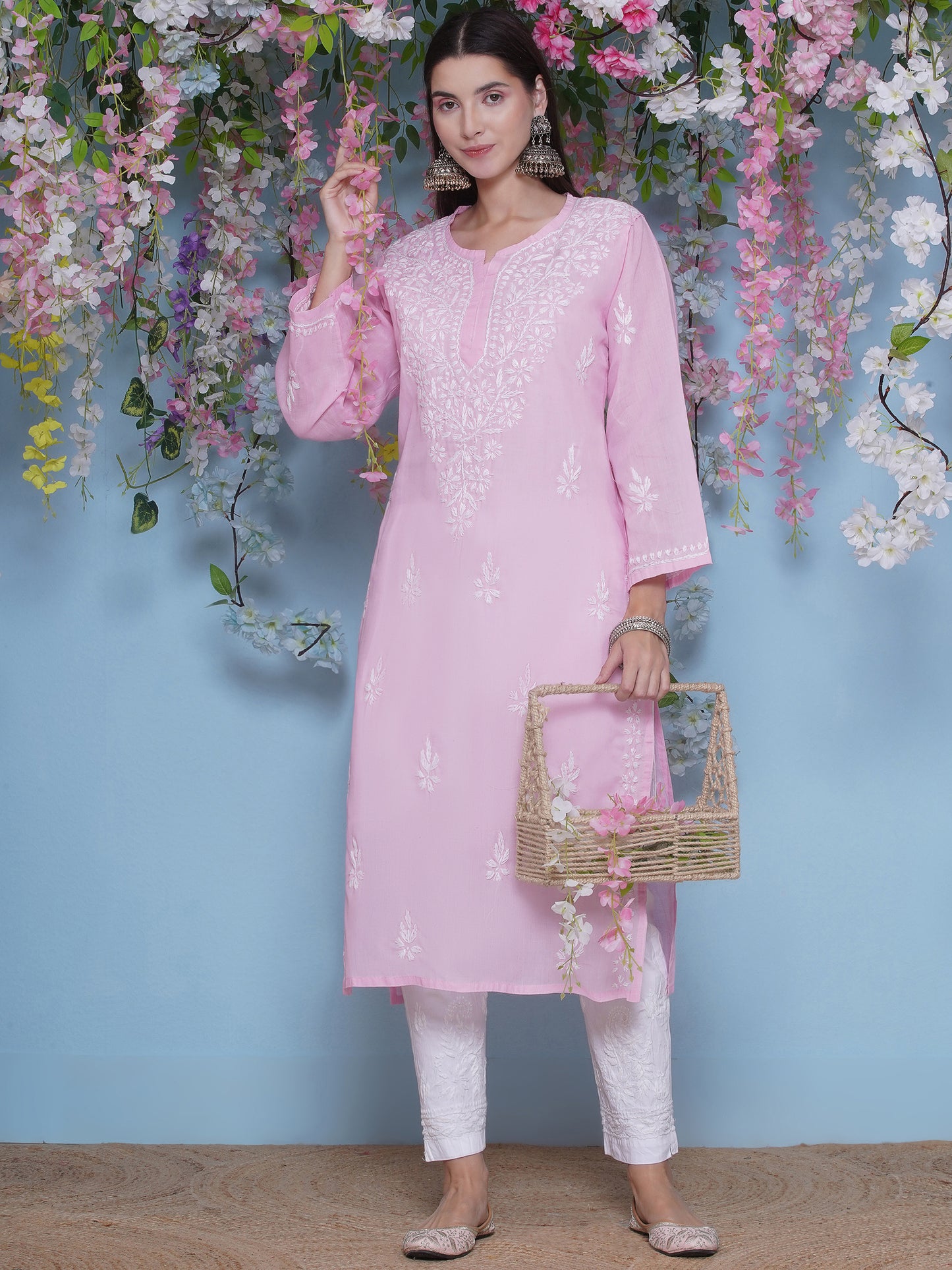 Pink Cotton Chikankari Kurti For Women