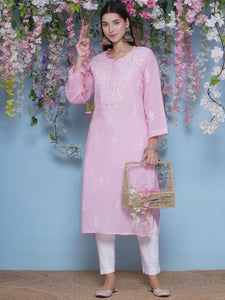 Pink Cotton Chikankari Kurti For Women